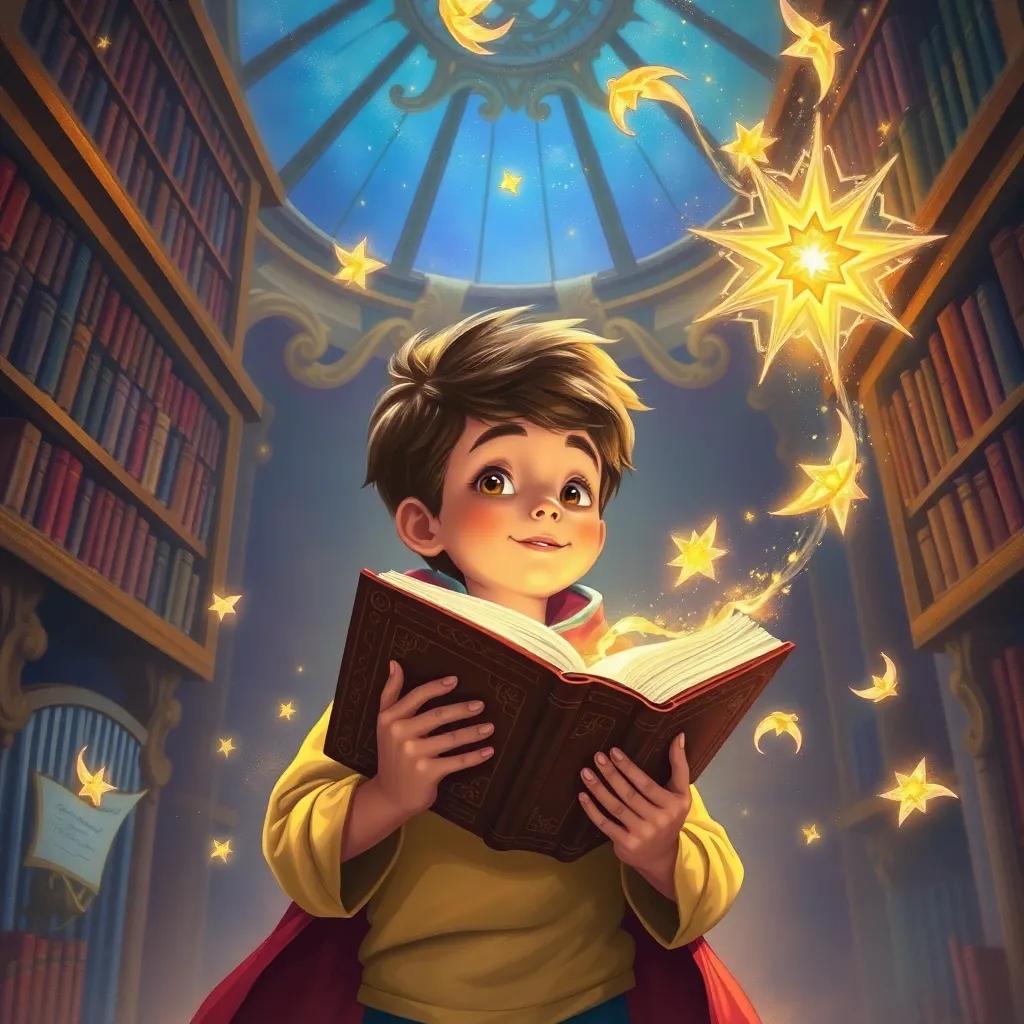 A young boy Yasin feeling dizzy, holding a magical book while being transported back to the library, golden light surrounding him, whimsical atmosphere, colorful children's illustration, high quality