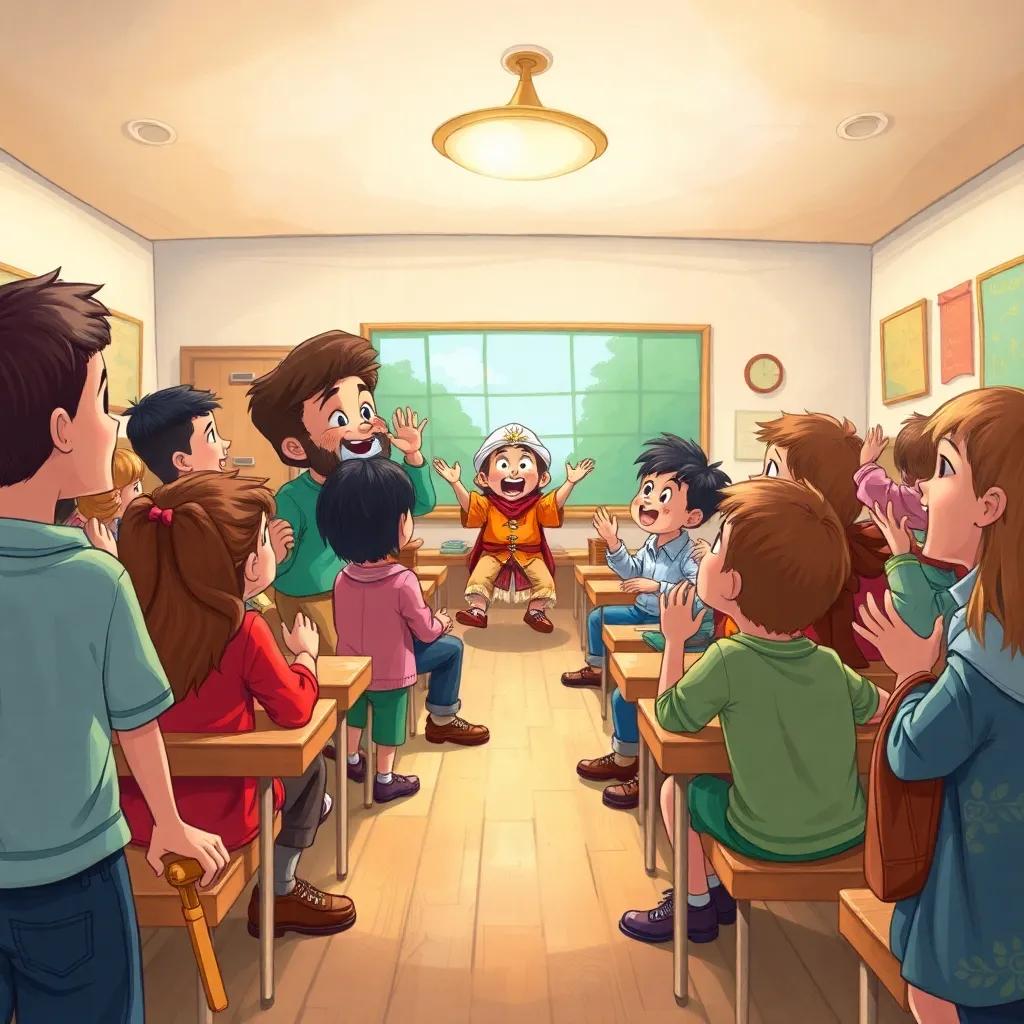 A classroom with children excitedly listening to Yasin sharing his adventure, everyone amazed and happy, bright and lively colors, engaging children's illustration, high quality
