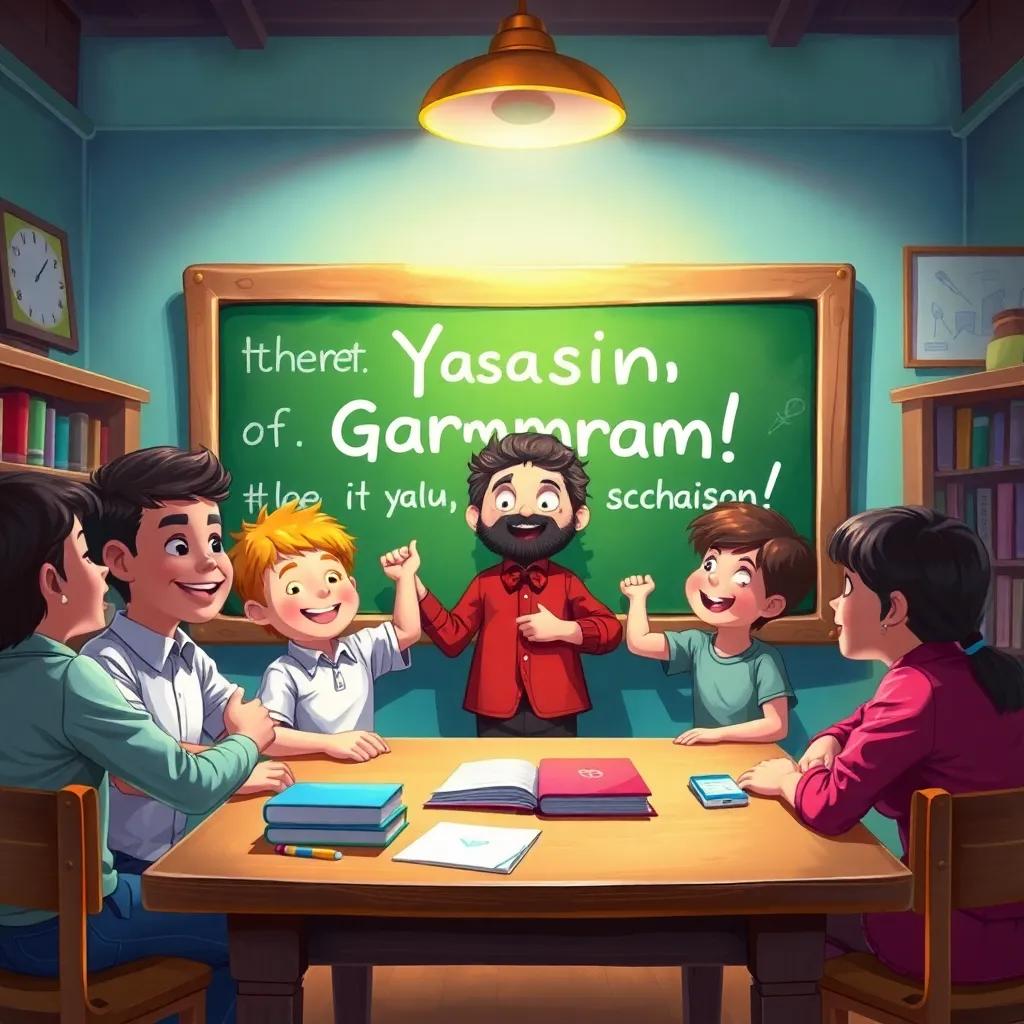 A bright school with Yasin and his friends happily discussing grammar around a big chalkboard, vibrant colors, cheerful atmosphere, child-friendly artwork, high quality