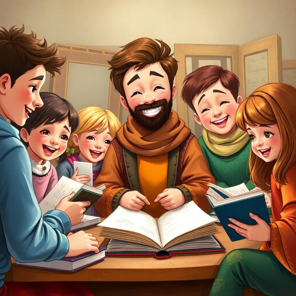 Yasin studying with a group of friends, surrounded by books and papers, everyone smiling and learning, warm colors, friendly and inviting children's illustration, high quality
