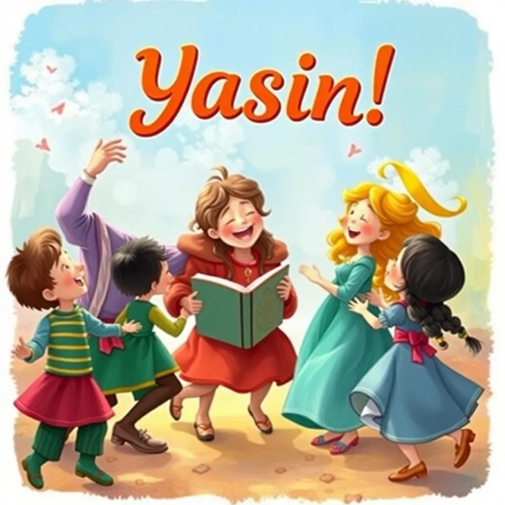 A joyful scene depicting the ending with Yasin and friends sharing laughter and book characters dancing around, colorful, vibrant children's illustration, high quality