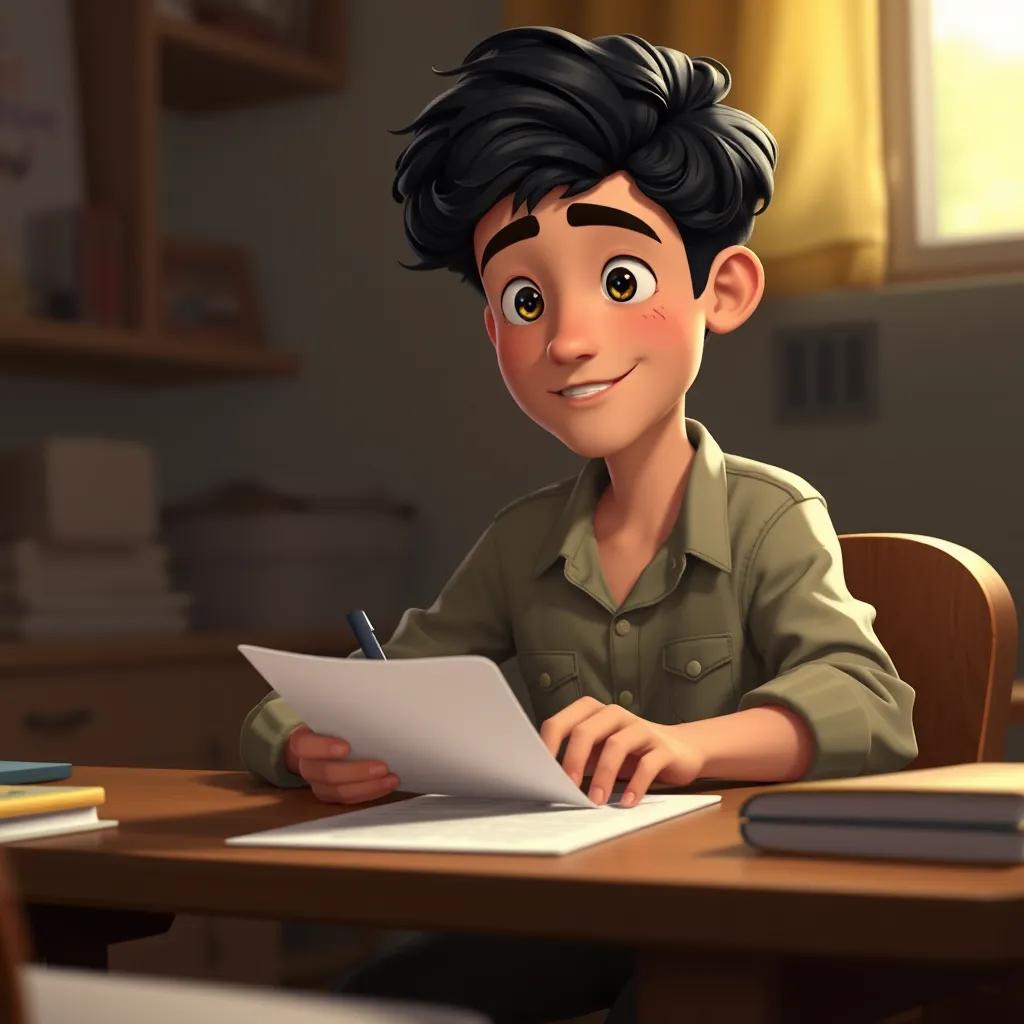 A young man, the grandson, with curly black hair, wearing a casual shirt and pants, sitting at a desk, writing a heartfelt letter, warm lighting, cozy atmosphere, high quality