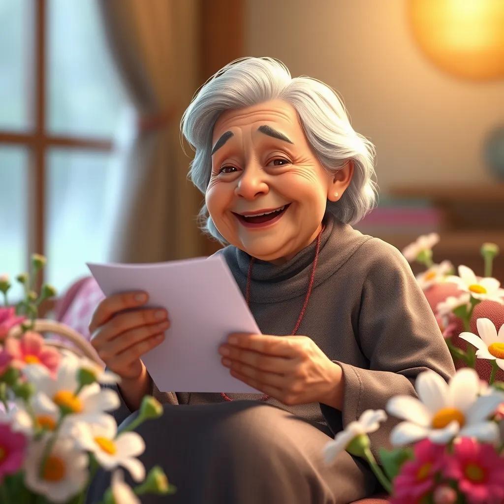 An elderly woman, the grandmother, with grey hair, wearing a traditional long dress, reading the letter with tears of joy in her eyes, surrounded by flowers, bright ambient light, cheerful mood, high quality