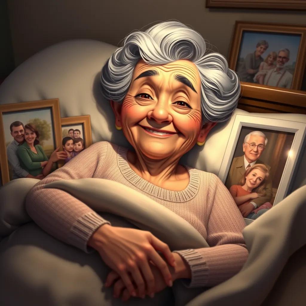 The grandmother with a warm smile, laying on a bed, surrounded by family pictures, a warm light illuminating her face, emotional context, cozy home setting, detailed art