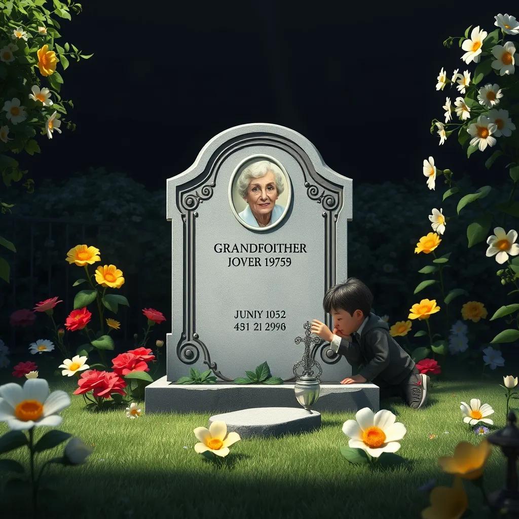 A beautiful grave in a serene garden, flowers around it, a picture of the grandmother on the headstone, with the grandson kneeling beside it, dark background, somber yet peaceful atmosphere, high quality
