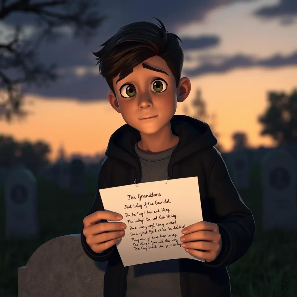 A young man, the grandson, standing by the grave, holding a piece of paper with a poem written on it, looking sad but reflective, dark evening colors, focusing on emotion, high quality