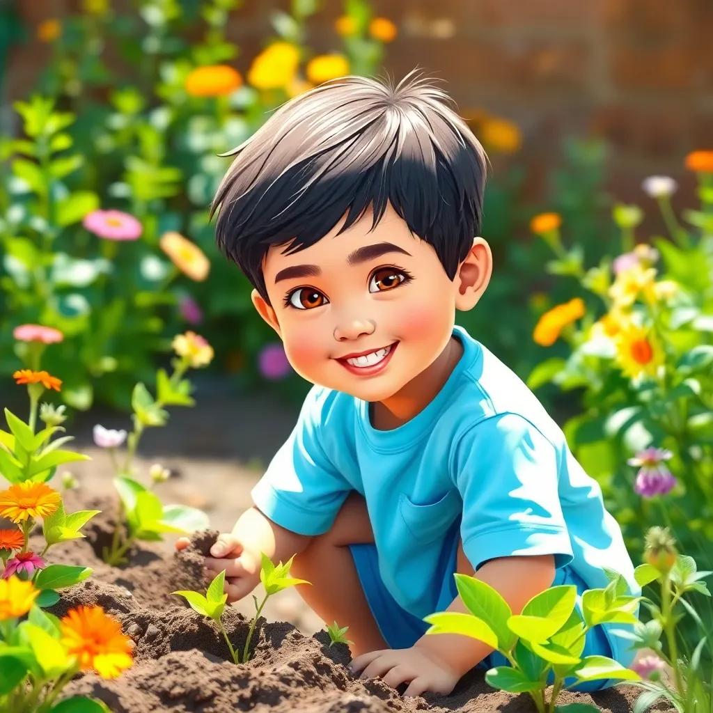 A young boy, Yusuf, with short dark hair, wearing a light blue t-shirt and shorts, digging in a garden with excitement, surrounded by green plants and flowers, bright sunny day, cheerful atmosphere, digital art, child-friendly, vibrant colors, high quality