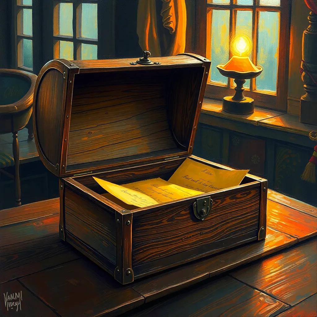 A treasure box with old yellowed letters inside, set on a wooden table, glowing light from a nearby window, warm and inviting, colorful details, storytelling vibe, fantasy