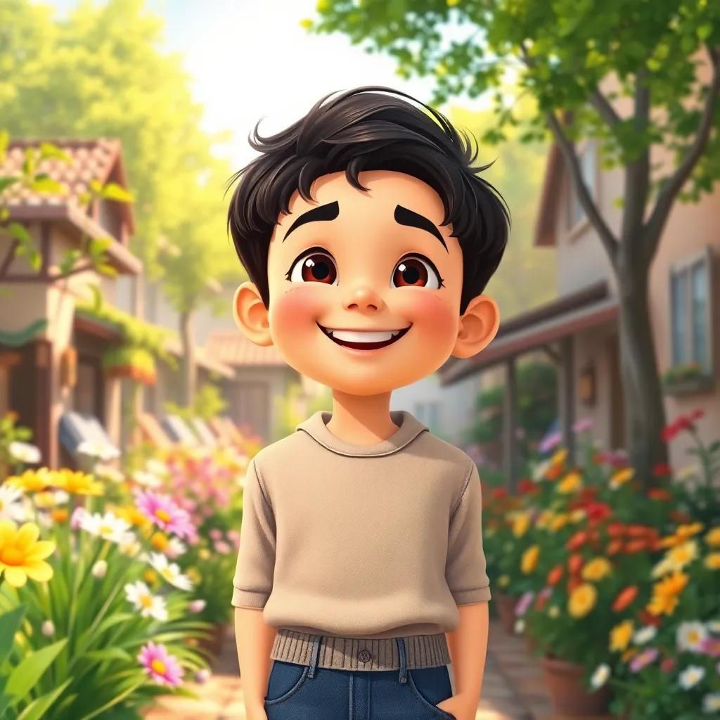 A young boy, Ali, with dark hair wearing a simple shirt and jeans, smiling joyfully in a sunny village surrounded by blooming flowers and green trees, digital art, cheerful, vibrant colors, inviting atmosphere, high quality