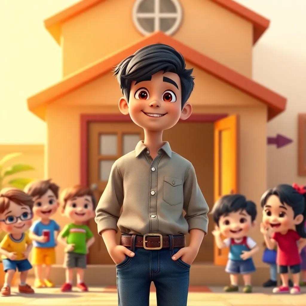 A young boy, Ali, with dark hair wearing a simple shirt and jeans, standing proudly in front of a small school building, teaching a group of happy children, colorful classroom, warm light, educational theme, cheerful, heartwarming