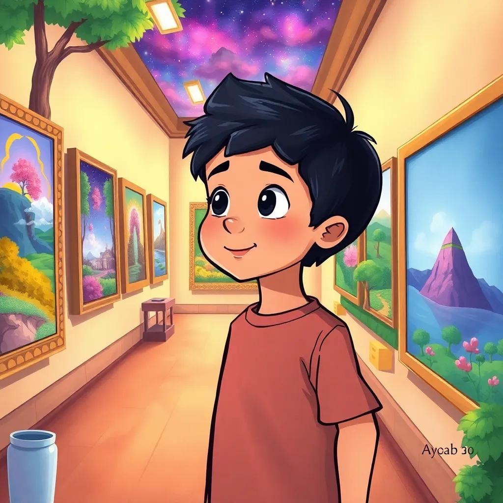 Ayoob, a young Arab boy with short black hair, standing amazed in an art gallery filled with vivid paintings, surrounded by trees and magical landscapes, friendly atmosphere, illustration, colorful and enchanting, child-friendly