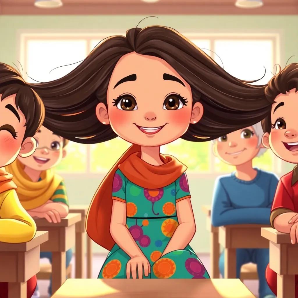 A young Arab girl, Rasha, with long, flowing hair, wearing a colorful dress, sitting with her friends in a classroom, joyful expressions, bright sunshine streaming in, cheerful atmosphere, detailed illustration, vibrant colors, child-friendly, high quality