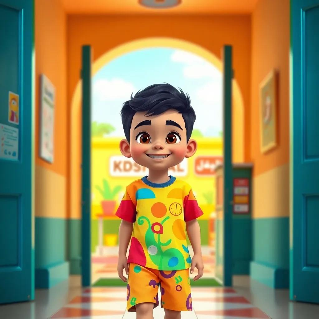 A young Arab boy, Ra'd, with short black hair wearing a colorful t-shirt and shorts, entering a bright kindergarten, smiling and cheerful, vibrant colors, child-friendly atmosphere, high quality