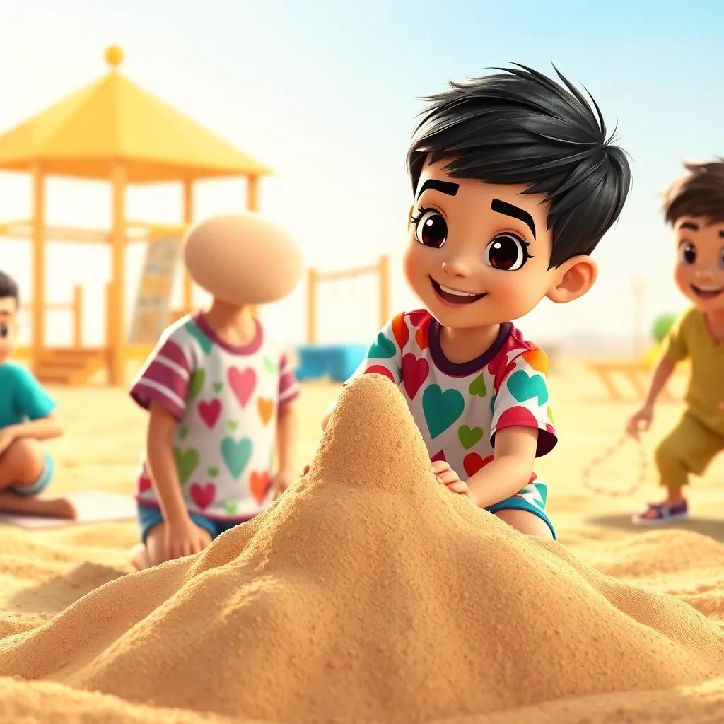 Ra'd, a young Arab boy with short black hair in a colorful t-shirt and shorts, building a sandcastle with friends in a sunny playground, joyful expressions, warm light, detailed scene, lively action, high quality