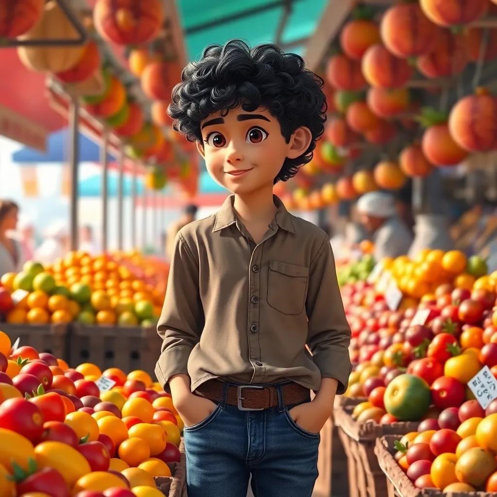 A young Arab boy, Adel, with curly black hair wearing a simple shirt and jeans, looking at colorful fruits in the market, surrounded by friendly vendors, bright morning light, cheerful atmosphere, vibrant colors, high quality