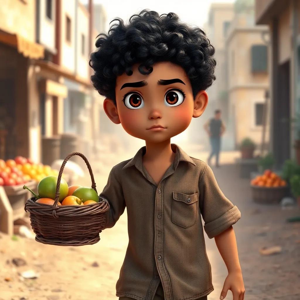 A young Arab boy, Adel, with curly black hair wearing a worn-out shirt, carrying a basket of fresh fruits, walking along a dirt road towards the city market, determined expression, soft sunlight, realistic, child-friendly