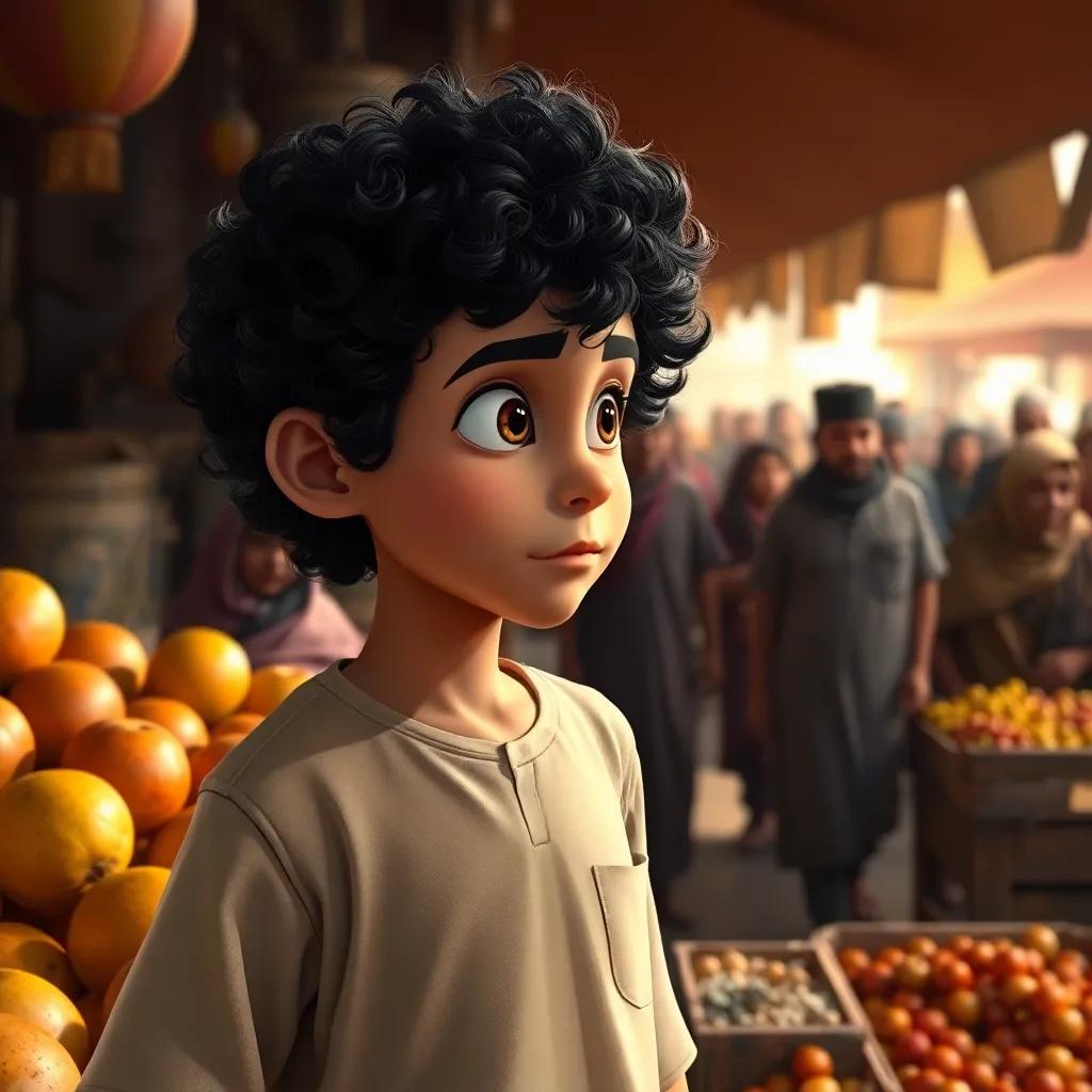 A young Arab boy, Adel, with curly black hair wearing a simple shirt, looking surprised at a dishonest merchant selling damaged fruits, with a crowd of people in the background, tension in the air, warm light, detailed art, engaging perspective