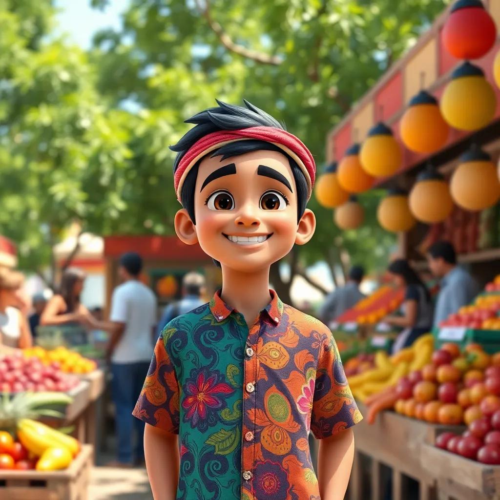 A young Arab boy, Adel, wearing a colorful shirt, proudly standing in front of his fruit stand, smiling at happy customers, green trees in the background, lively and joyful scene, bright colors, vibrant atmosphere, storytelling view