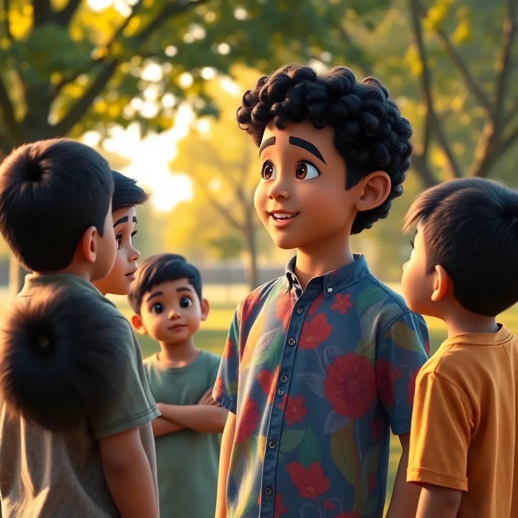 A young Arab boy, Adel, with curly black hair in a colorful shirt, sharing his success story with a group of young boys, all listening intently in a peaceful park, warm golden light, uplifting imagery, heartwarming scene