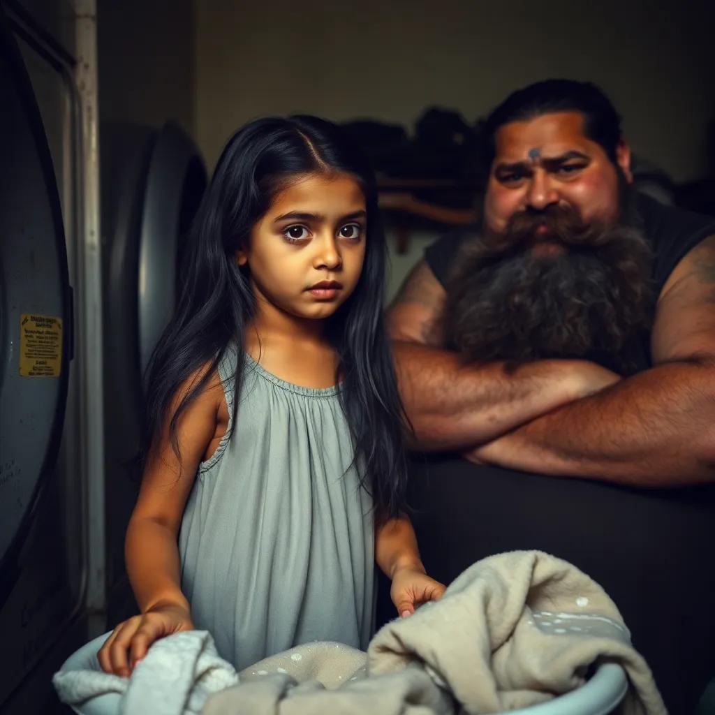 A young girl, Raghad, with long black hair in a simple dress, washing clothes in a laundry room, a plump man with a long beard and an unfriendly look nearby, tense atmosphere, realistic depiction, emotional storytelling, child-appropriate
