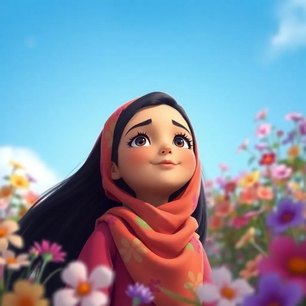 A young Arab girl, Raghad, with long black hair and wearing a colorful hijab, looking hopeful and thoughtful under a bright blue sky, surrounded by flowers, digital art, cheerful, vibrant colors, inviting atmosphere, high quality
