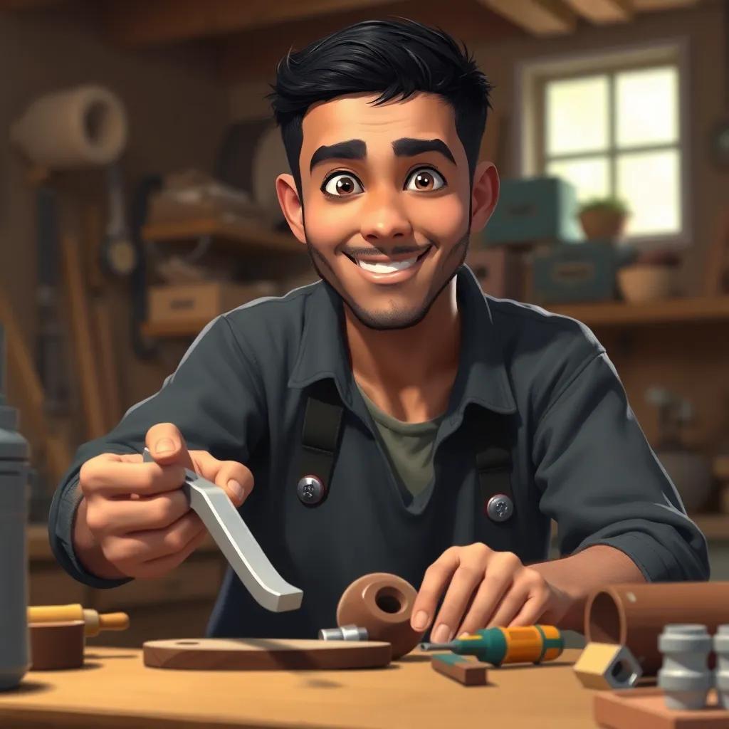 A young Arab man, Mu'ayad, 23 years old, with short black hair and a friendly smile, working hard with tools in a cozy workshop filled with light, determined expression, digital painting, warm colors, focused atmosphere, high quality