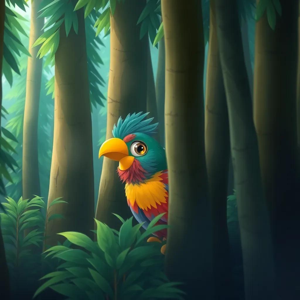 A colorful bird named Rafeef, with bright feathers, hiding among tall green trees in a dense forest, looking cautious and alert, illustration, whimsical, vibrant colors, soft light, child-friendly