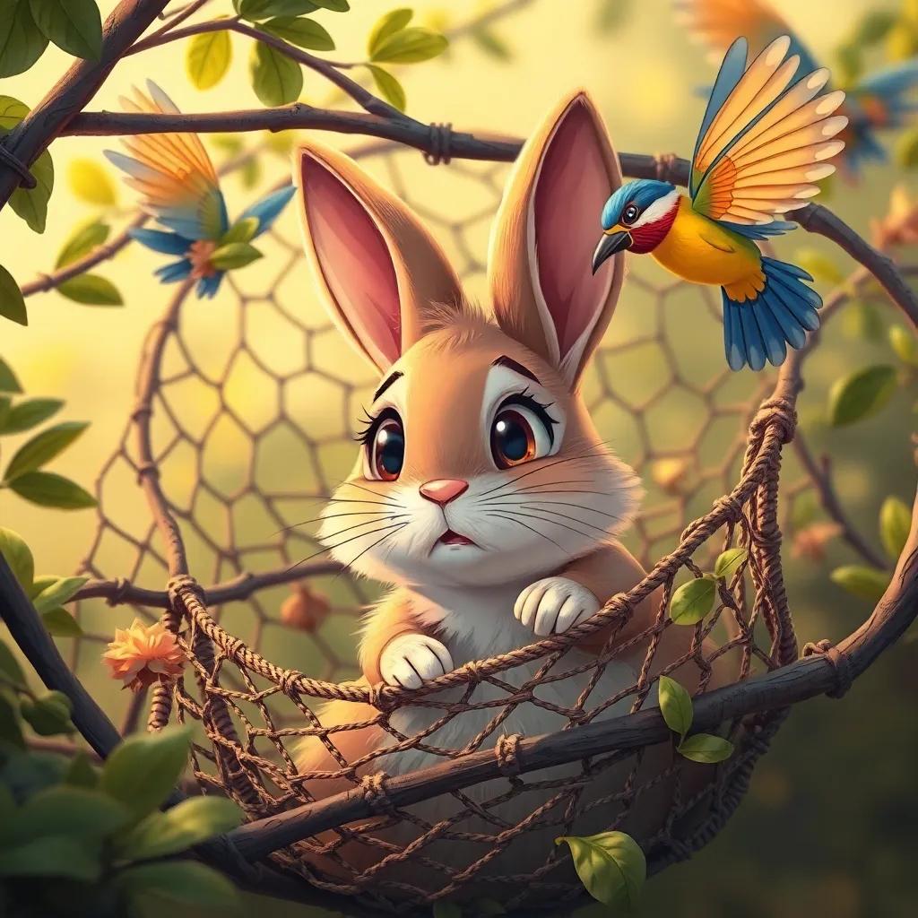 A small rabbit caught in a hunter's net, with big, scared eyes, surrounded by leaves and branches, while Rafeef the colorful bird flies around, trying to help, illustration, engaging, warm colors, action-packed