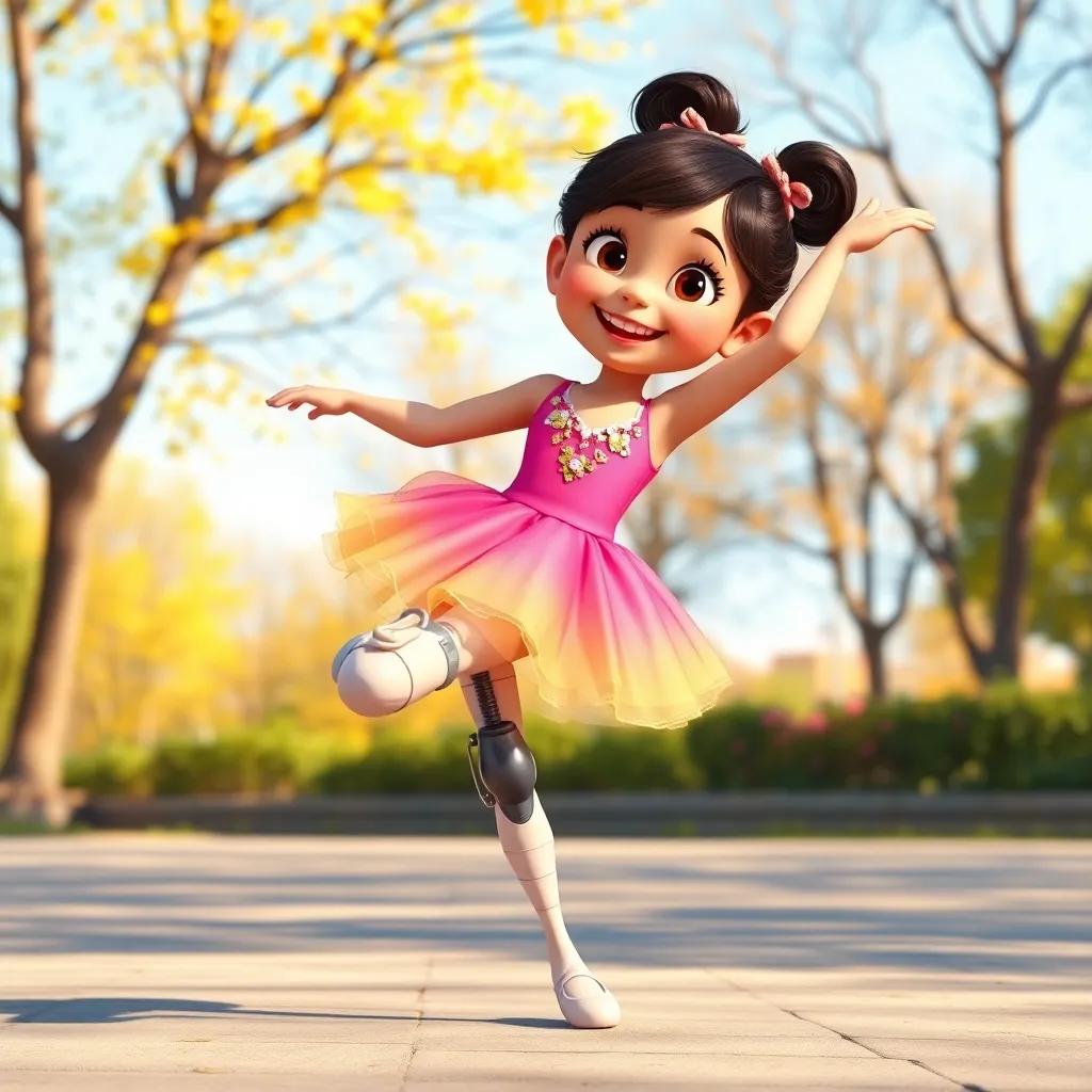 A young girl, Layan, with one leg and a prosthetic leg, in a bright ballet dress, smiling while practicing dance moves in a sunny park, digital art, cheerful atmosphere, vibrant colors, uplifting mood, high quality