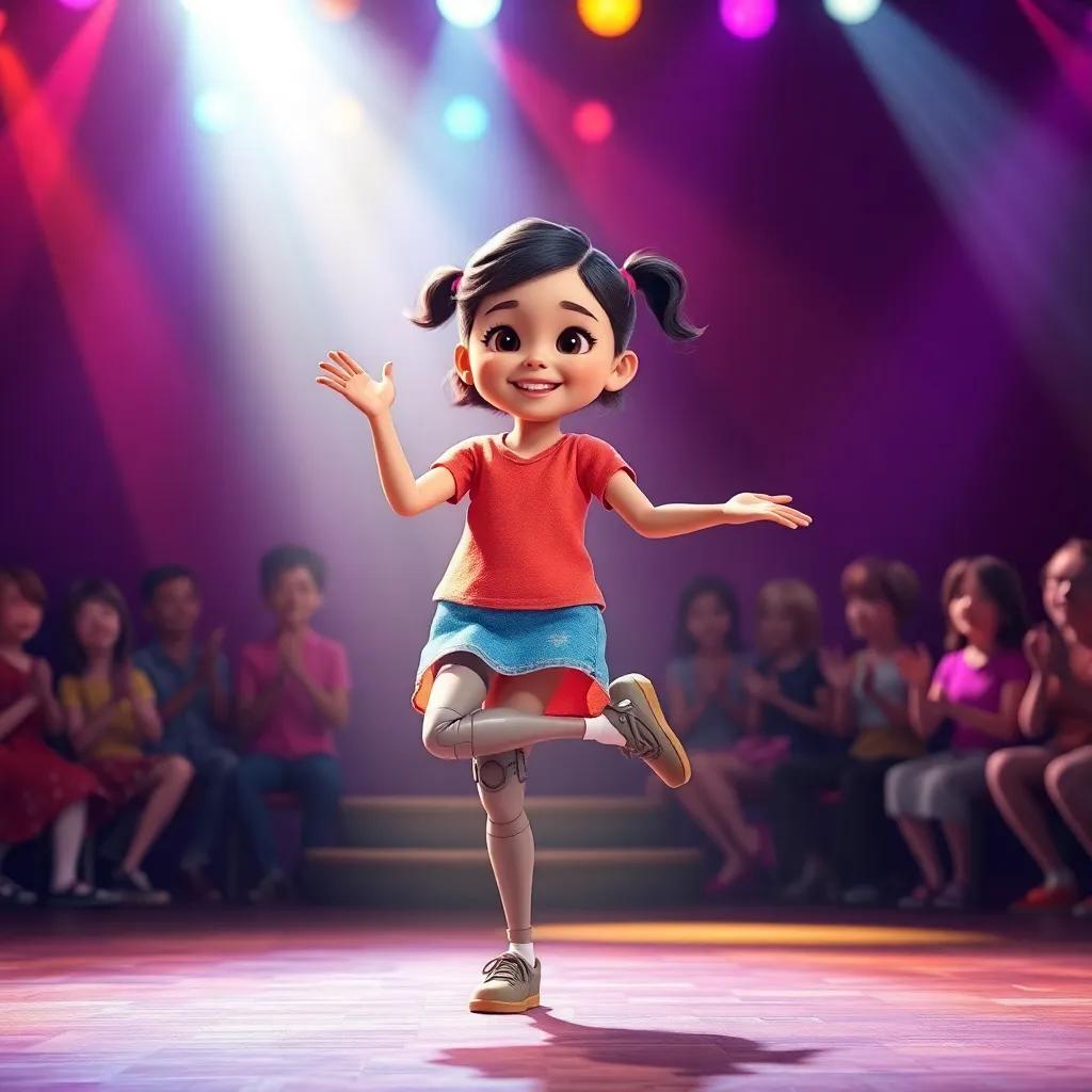 Layan, a young girl with one leg and a prosthetic leg, confidently dancing on a stage in front of an applauding audience, colorful spotlight, joyful expression on her face, digital art, magical atmosphere, bright colors, inspirational scene, high quality
