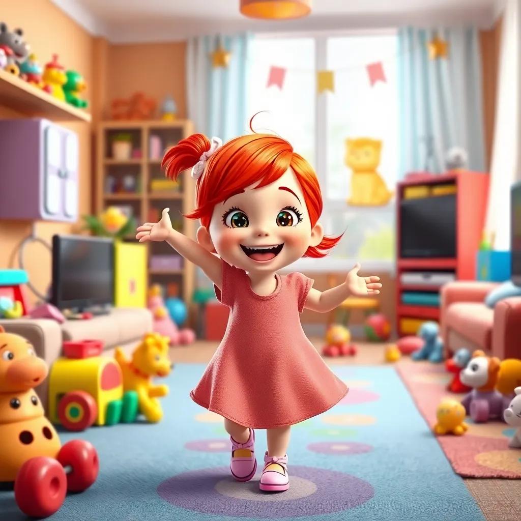 A small girl with bright red hair, dancing joyfully in a colorful living room filled with toys, smiling widely, digital art, vibrant colors, cheerful atmosphere, high quality