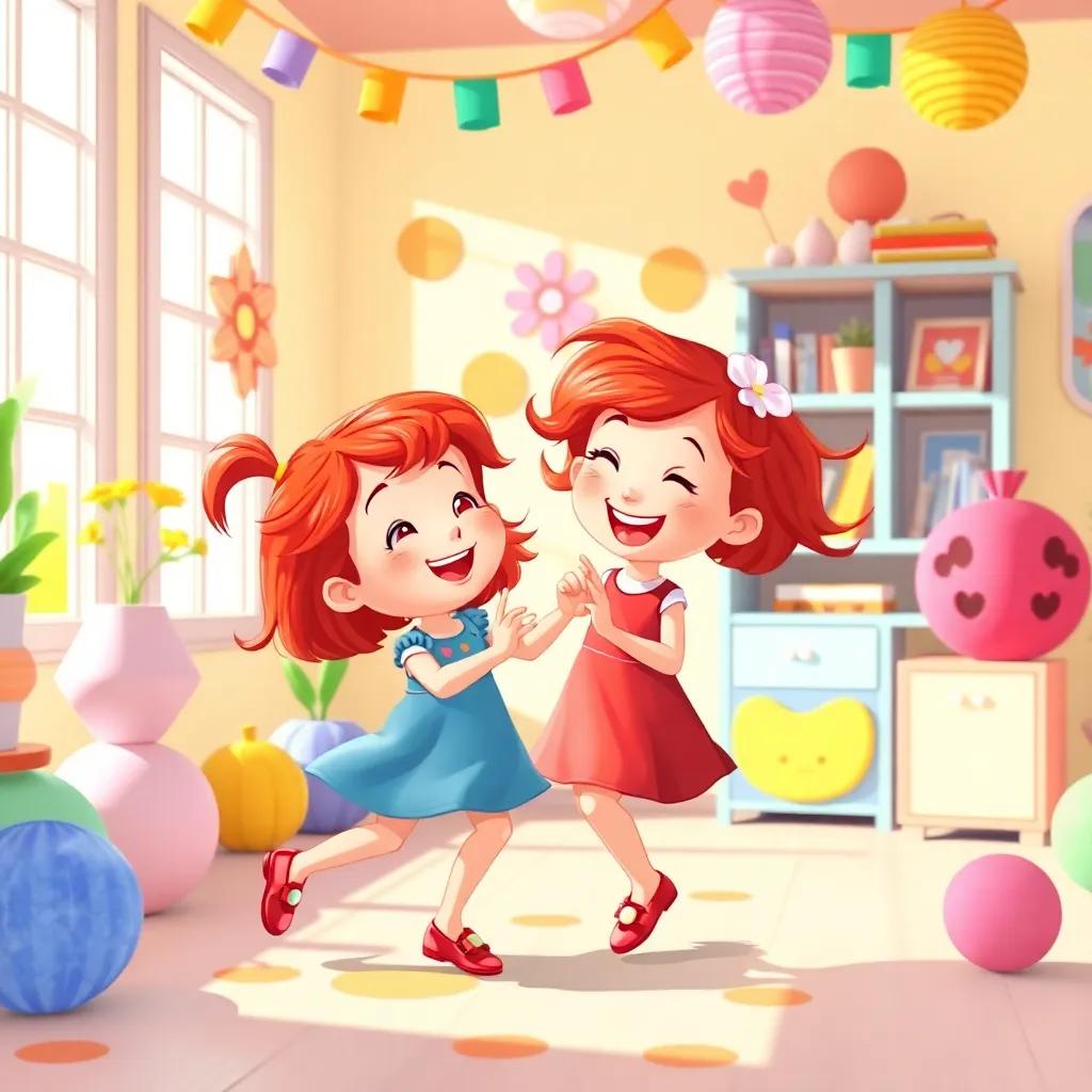 A small girl with bright red hair, dancing with her friend, surrounded by colorful decorations in a sunny room, both laughing and enjoying their time, lively illustration, child-friendly, bright colors, high quality