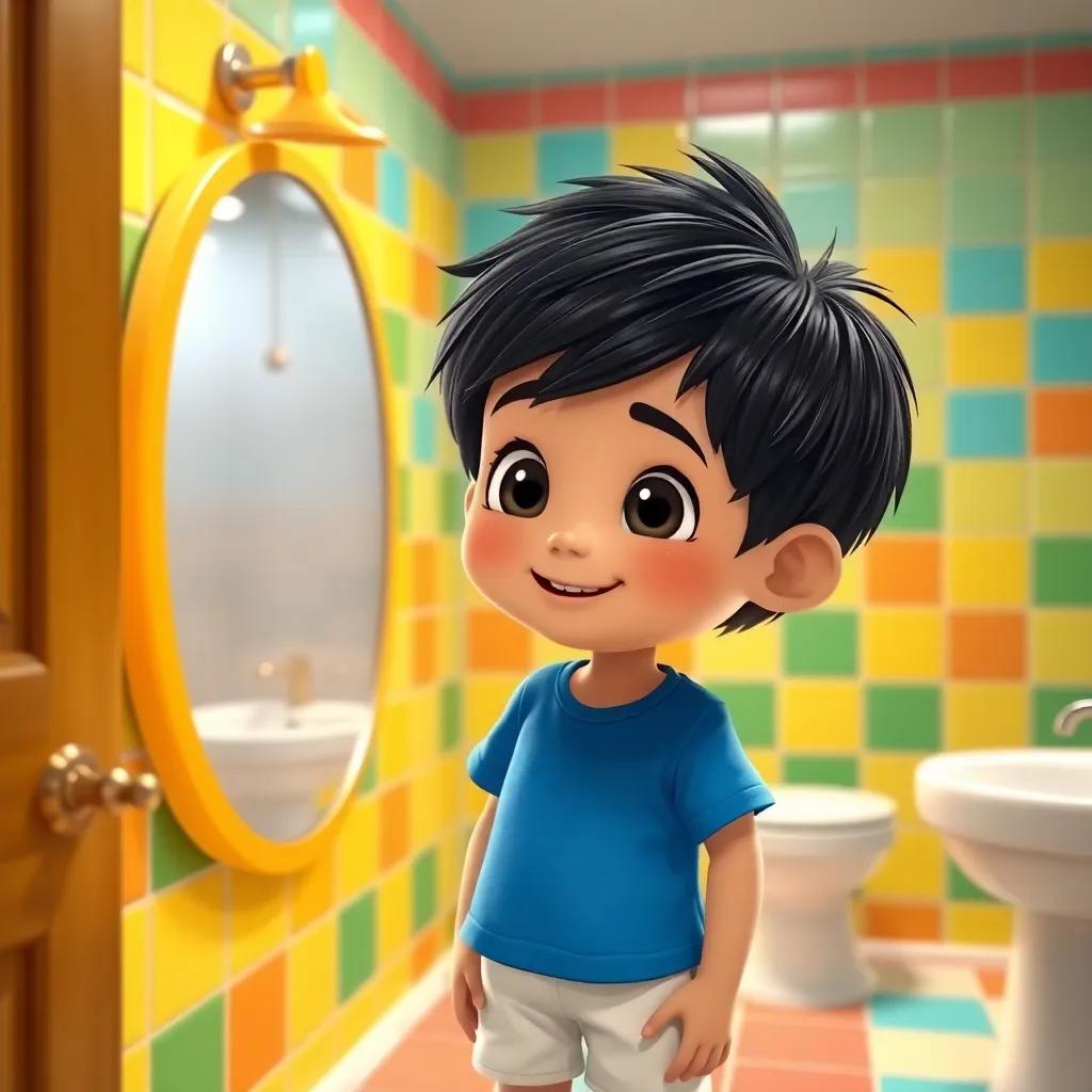 A small boy, Rakan, with short black hair, wearing a blue t-shirt and white shorts, standing in a colorful bathroom with bright tiles and a cheerful atmosphere, smiling at the mirror, cheerful, child-friendly, engaging scene