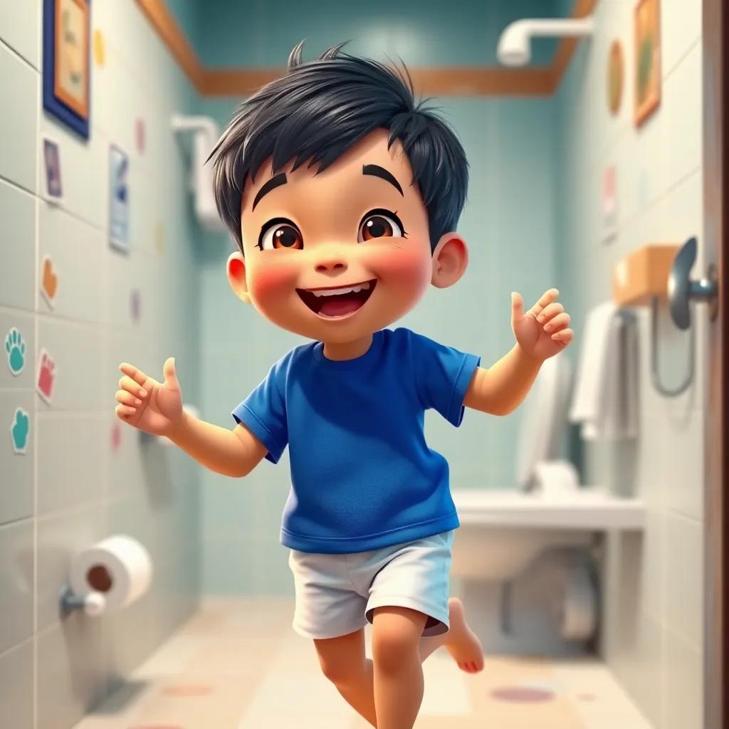Rakan, a small boy with short black hair, wearing a blue t-shirt and white shorts, happily dancing in the bathroom, with toilet paper and stickers around, a look of pride on his face, vibrant colors, joyful expression