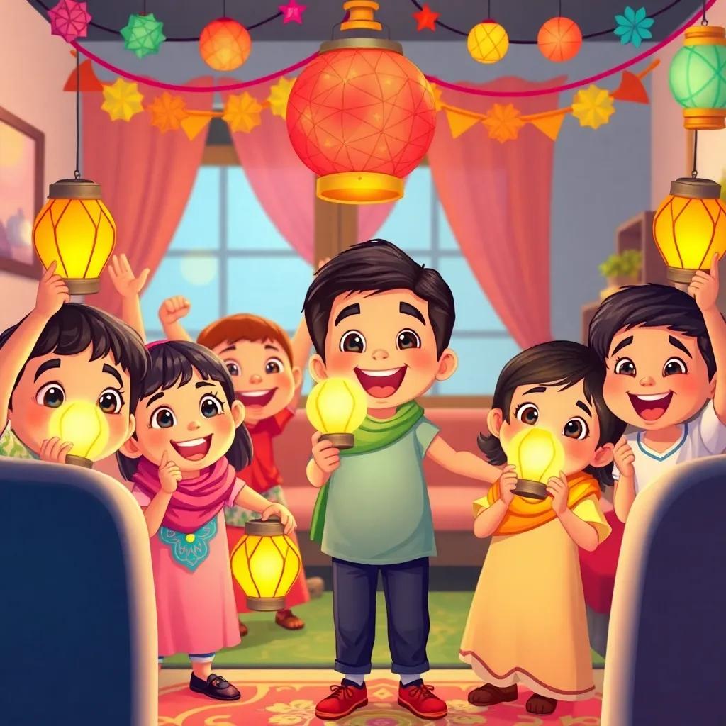 A group of happy children with lanterns, including Said, excitedly decorating a room for Ramadan, colorful decorations everywhere, cheerful vibe, illustration, vibrant colors, playful scene, high quality