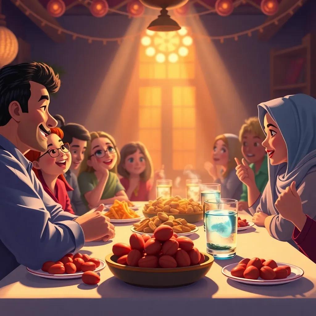 Said looking at delicious food for iftar, a table filled with dates and water, warm light pouring in, everyone looking happy and excited, cozy setting, digital painting, vibrant colors, heartwarming