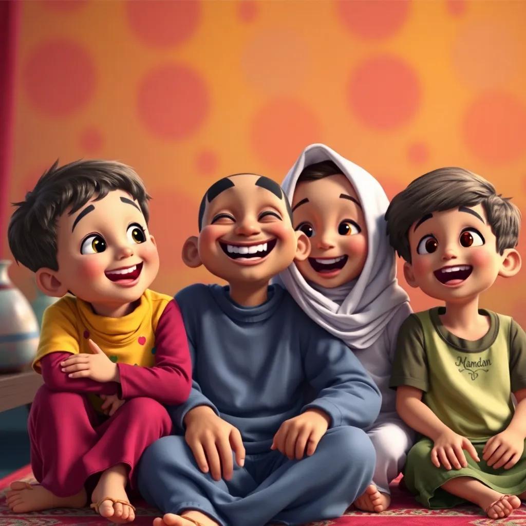 Children sitting together, Said smiling widely, they all exclaiming joyfully about Ramadan, cheerful, friendly expressions, digital art, colorful background, lively atmosphere, high quality