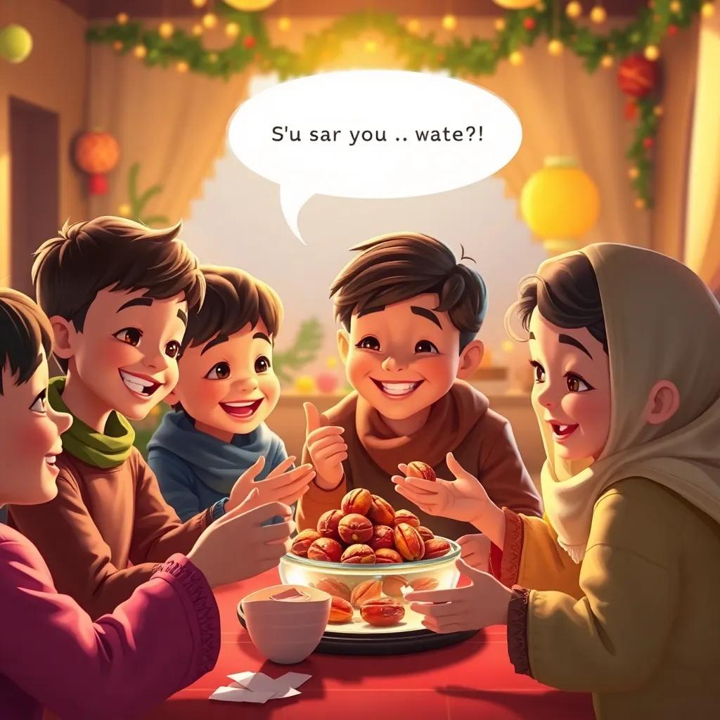 Children sharing dates and water, Said joyful and smiling, all celebrating together, warm light, colorful setting with holiday decorations, digital art, inviting mood, heartwarming scene