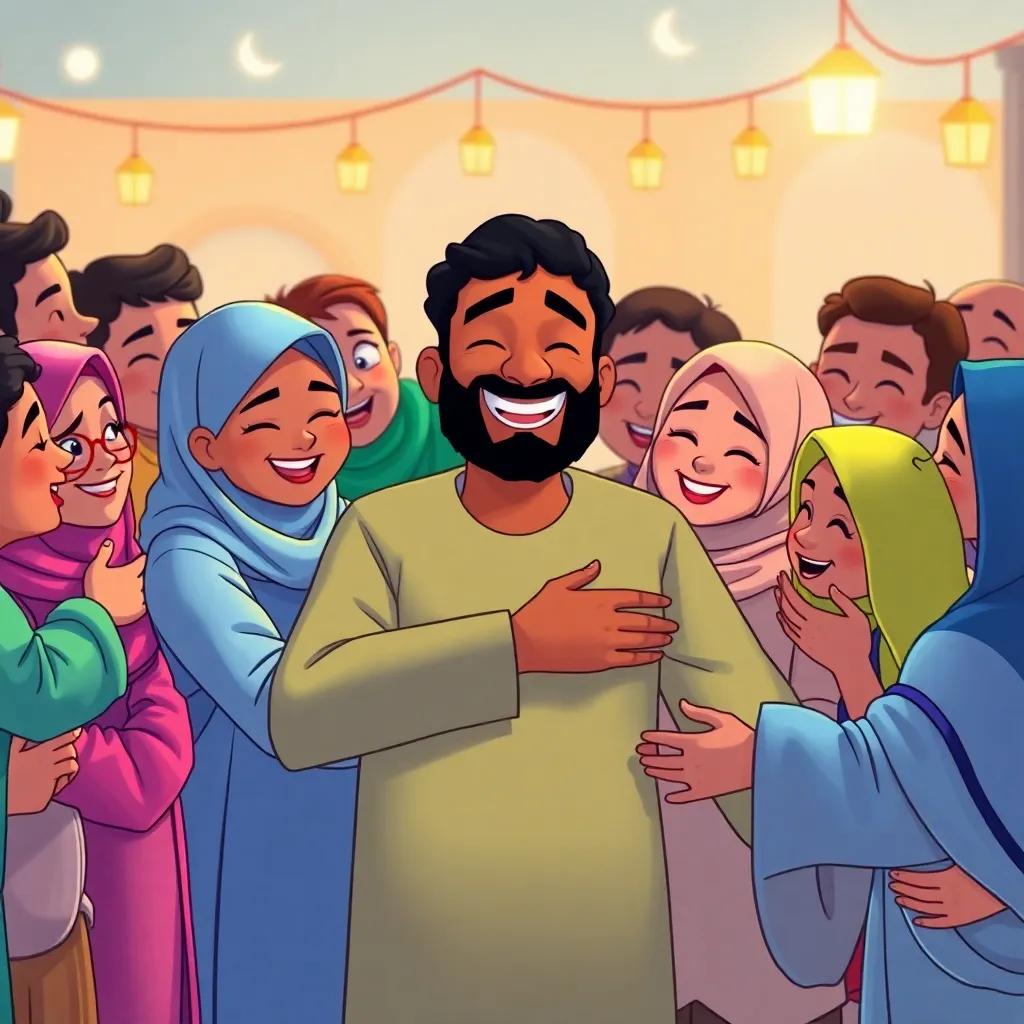 Said surrounded by friends, exchanging hugs, everyone looks happy celebrating Ramadan, bright and colorful, joyful expressions, digital illustration, uplifting scene, high quality