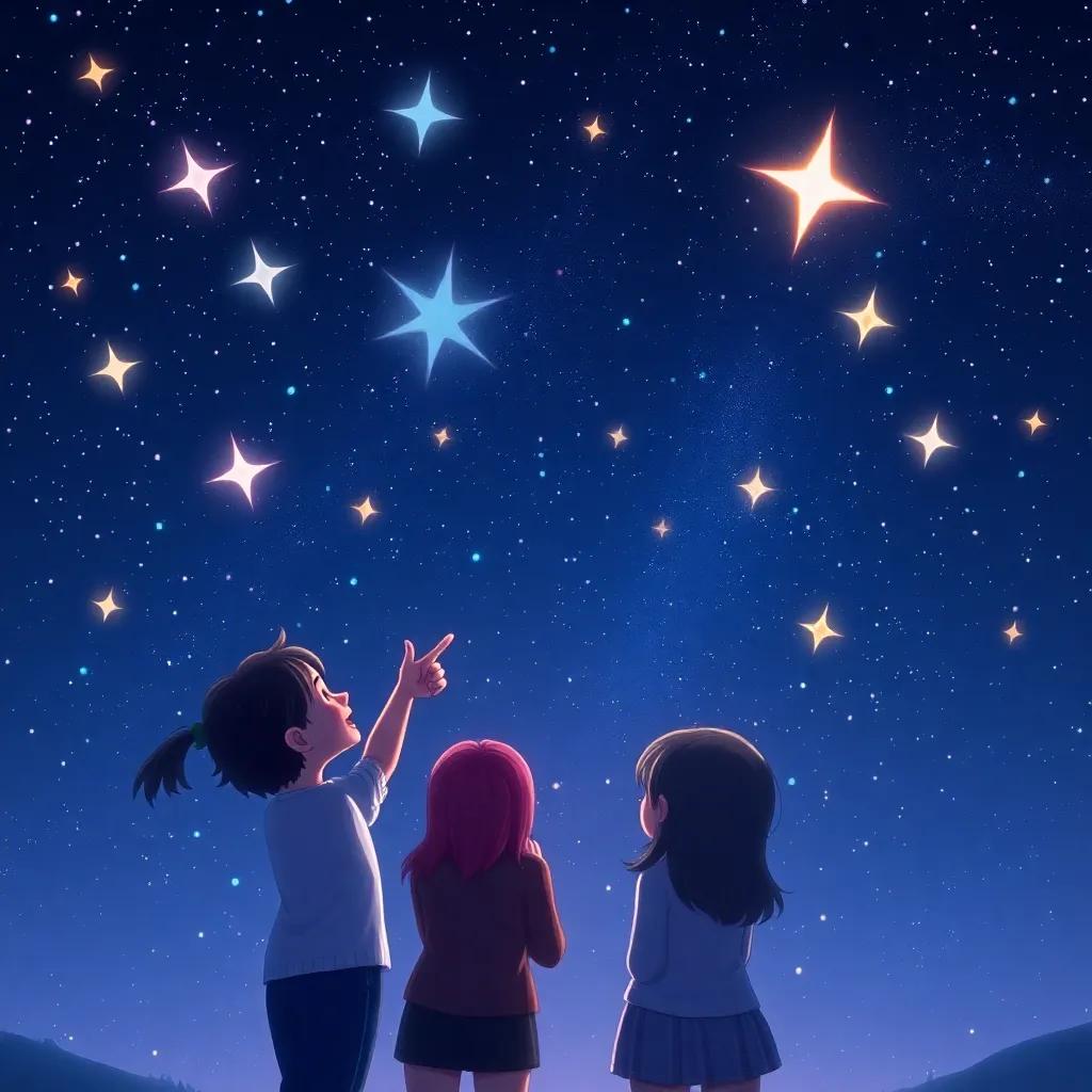 A magical night sky filled with stars, Said pointing with joy, surrounded by friends, beautiful stars shining bright, peaceful atmosphere, digital painting, calm emotions, high quality