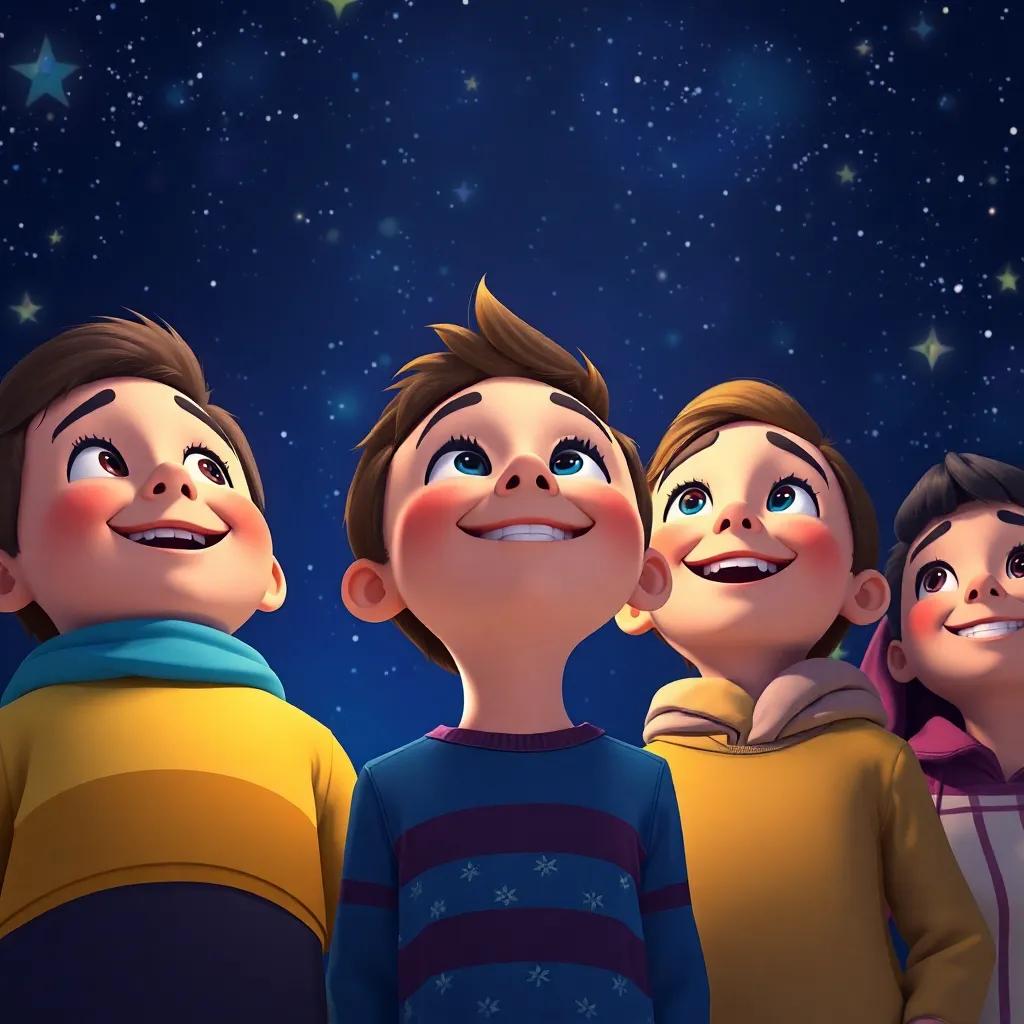 Said looking up at the stars with his friends, all gazing in awe, happy expressions, night sky with twinkling stars, vibrant colors, digital art, cheerful scene, high quality