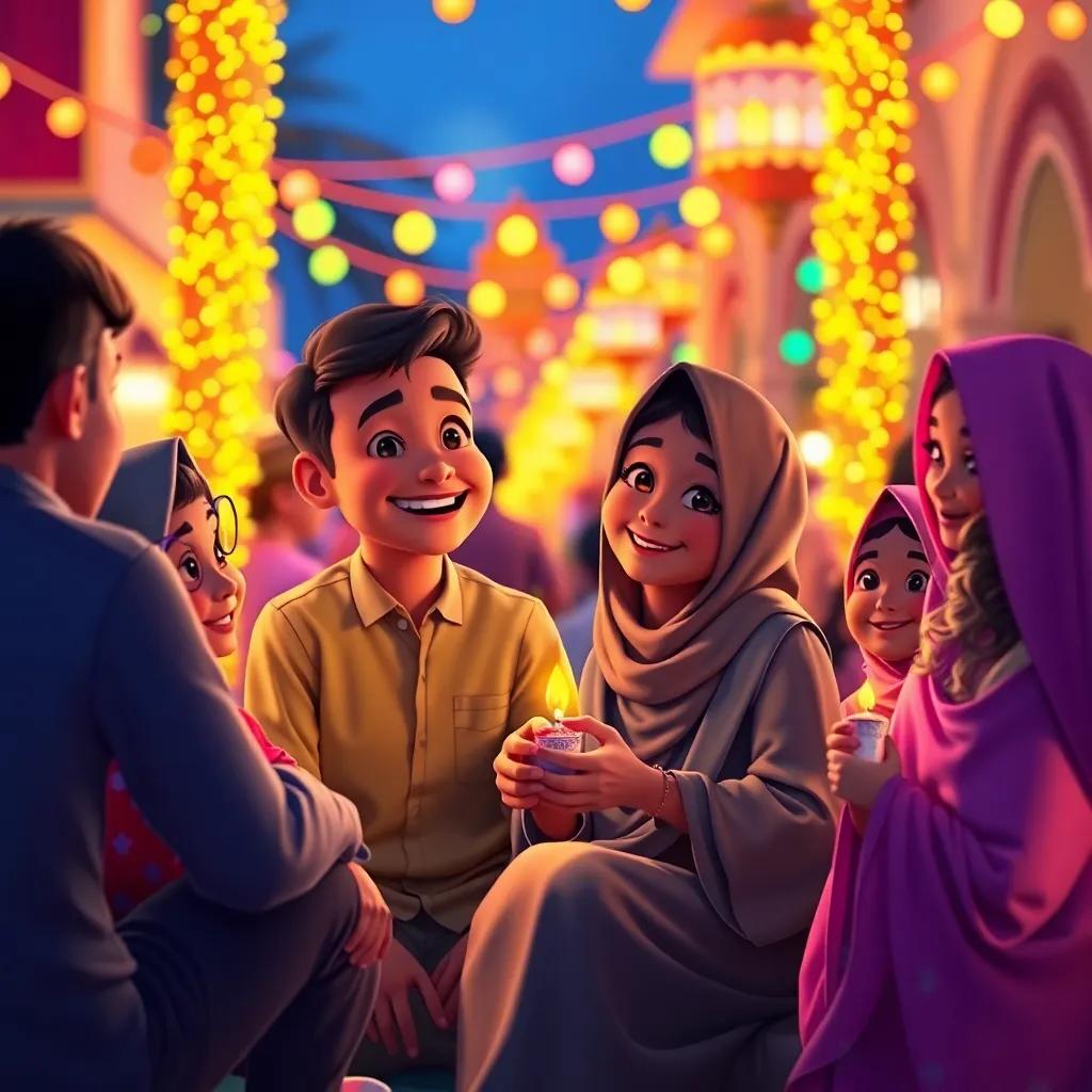 A beautiful evening gathering with children, celebrating Ramadan, Said smiling at the heartwarming scene, colorful lights and cheerful atmosphere, digital art, festive vibe, high quality