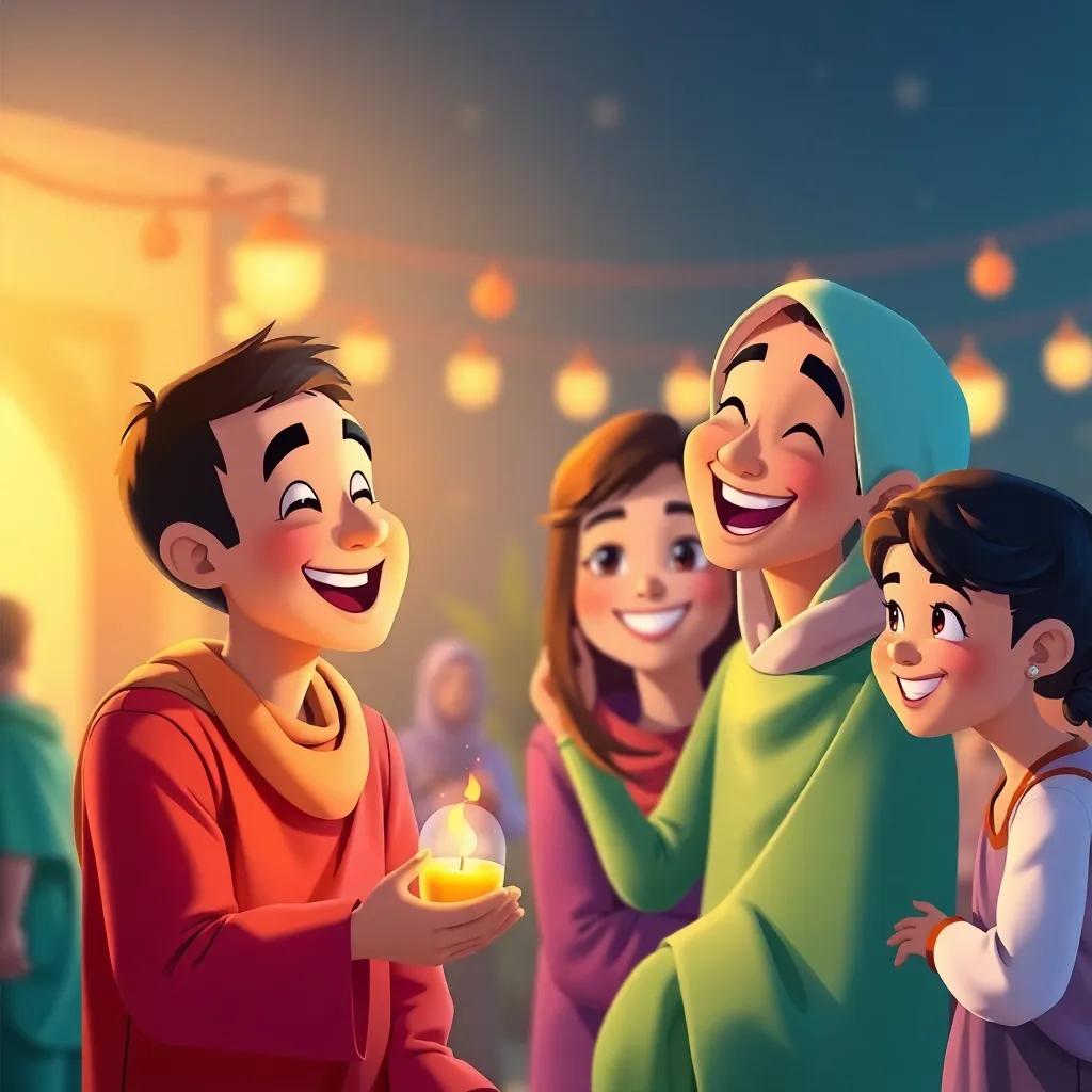 The joy of Ramadan with friends, Said always smiling, a perfect happy ending to a special day, colorful and bright, digital art, warm light, cheerful quality