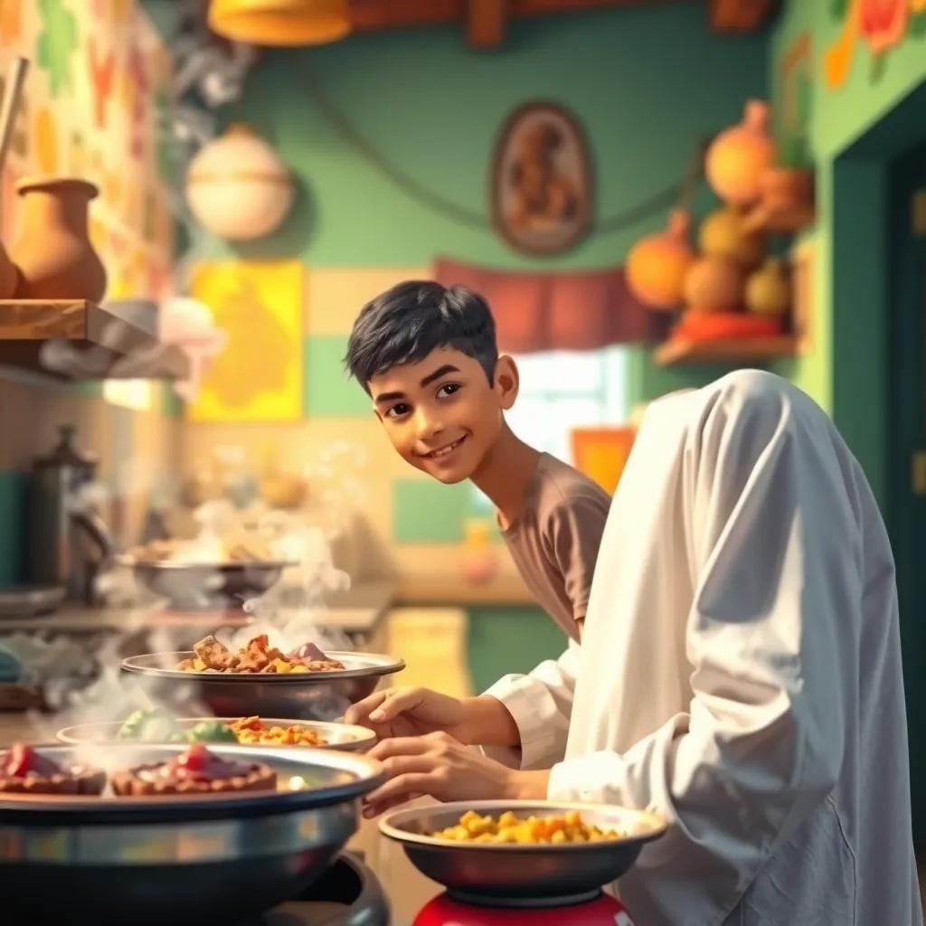 A young Arab boy, Rashid, with short black hair in a white thobe, helping his mother in a colorful kitchen, steam rising from delicious dishes, vibrant and joyful, detailed artwork, warm light, inviting scene