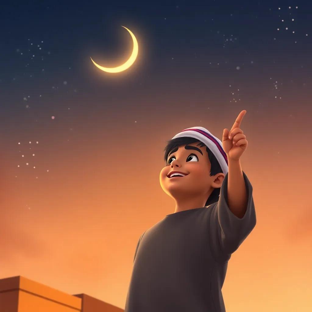 A bright night sky with a crescent moon, a young Arab boy, Rashid, pointing up to the sky with delight, digital art, warm colors, vibrant atmosphere, high quality