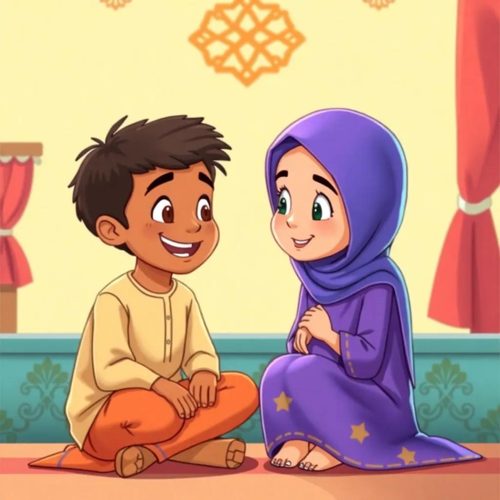 Rashid, a young Arab boy, sitting with a smile while asking his sister Miriam, a young Arab girl, inquiringly about Ramadan, cheerful setting, illustration, friendly characters, colorful