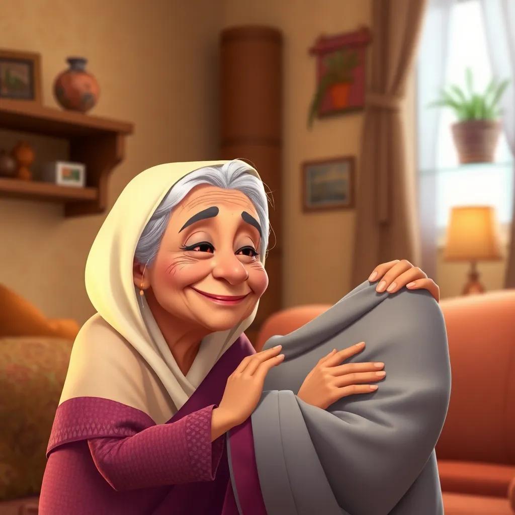 An elderly Arab woman, Rashid's grandmother, smiling down at Rashid and gently placing her hand on his shoulder, in a cozy home environment, digital art, inviting, heartwarming