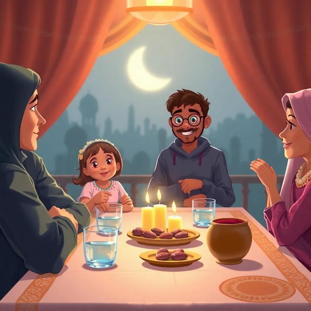 A beautifully set table for iftar, with dates and water, Rashid eagerly waiting with family members, engaging with anticipation, illustration, inviting warmth, rich colors