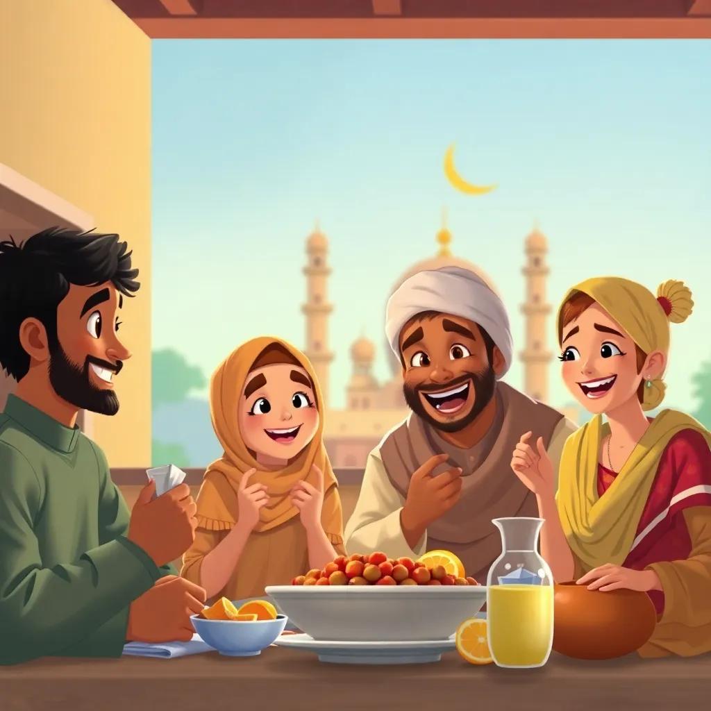 The sound of the adhan echoing in the background, Rashid and his family smiling and preparing to break their fast together, joyful scene, digital painting, cheerful atmosphere, family love