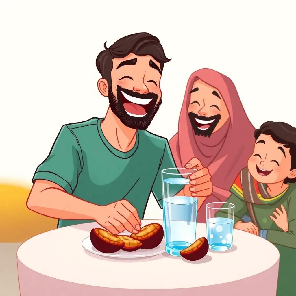 Rashid joyfully consuming a date and water, with his family happily watching him, illustration, friendly, engaging scene, light tones